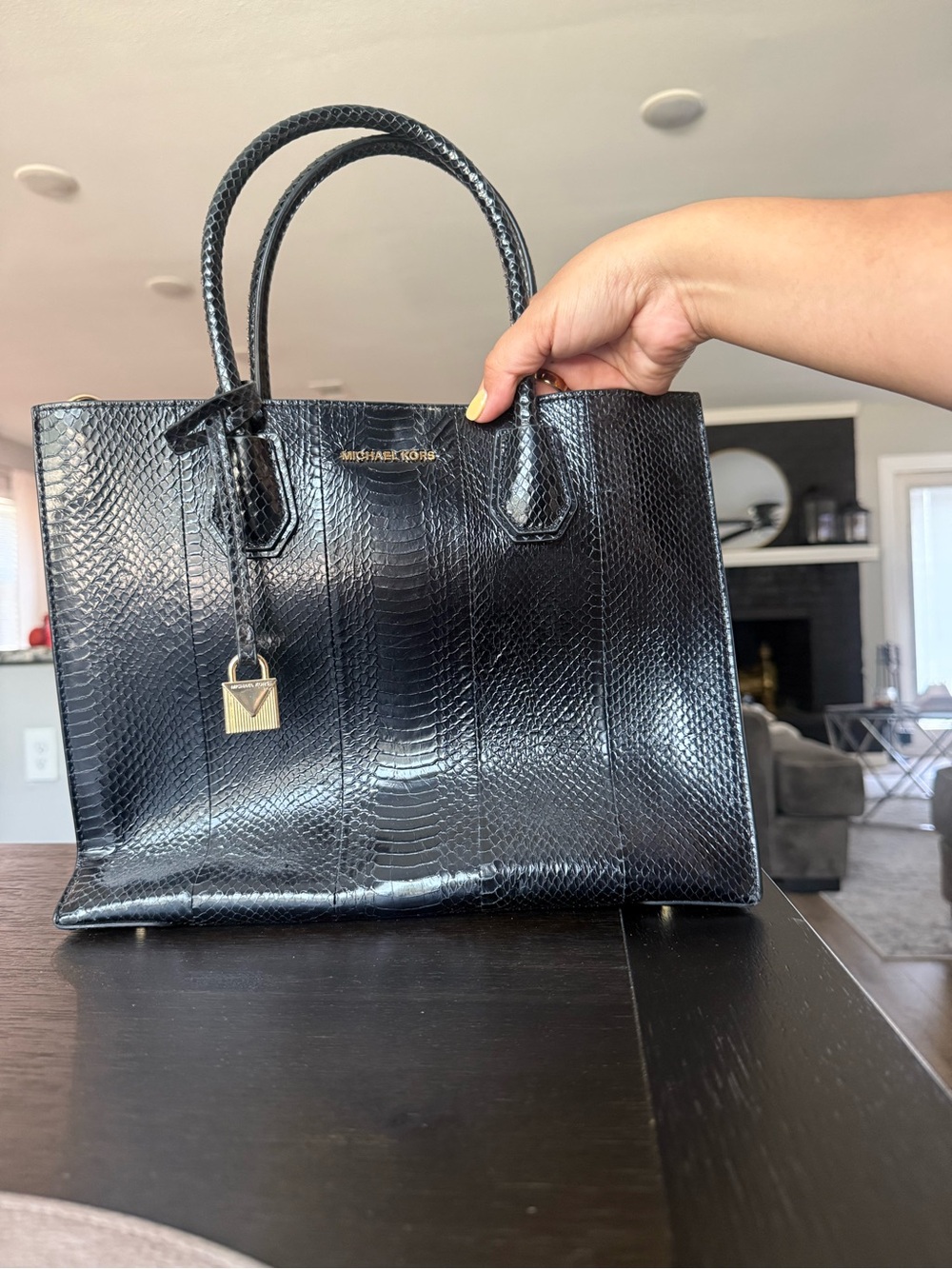 Michael Kors Black Faux-Snake Satchel with Gold Hardware